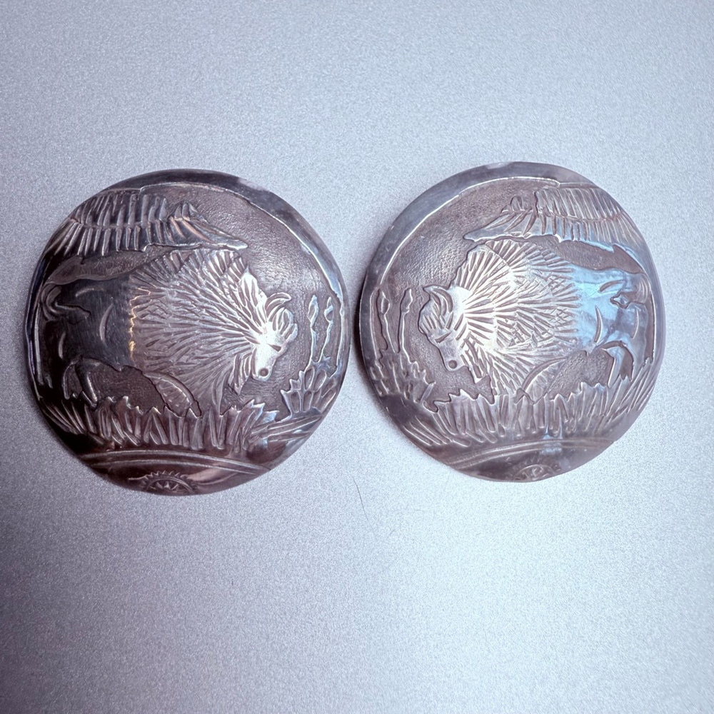 Native American Navajo G&J Runnels Buffalo Sterling Silver Concho 1.5" Earrings